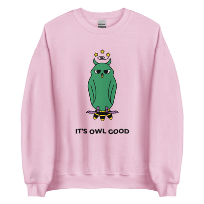 Light Pink Owl Sweatshirt featuring a captivating It's Owl Good graphic on the chest - Funny Graphic Owl Sweatshirts - Boozy Fox