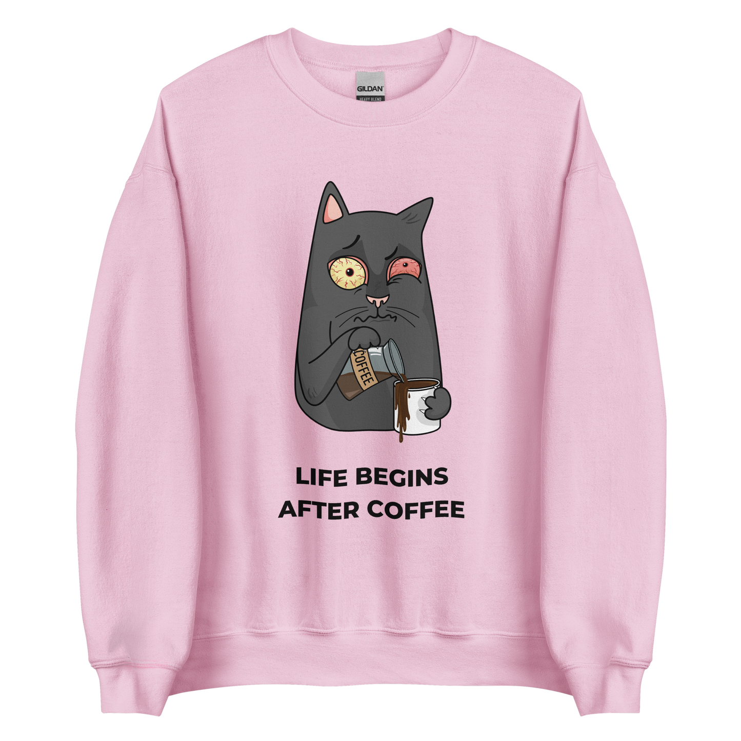 Light Pink Cat Sweatshirt featuring a hilarious Life Begins After Coffee graphic on the chest - Funny Graphic Cat Sweatshirts - Boozy Fox