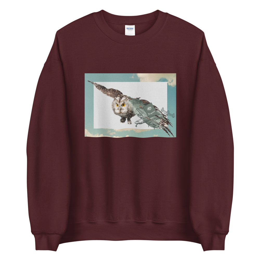 Maroon Owl Sweatshirt featuring a bold Flying Owl graphic on the chest - Cool Owl Graphic Sweatshirts - Boozy Fox