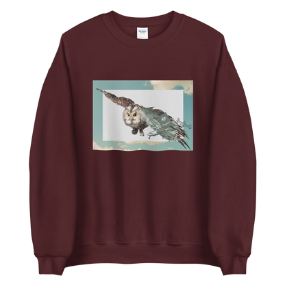Maroon Owl Sweatshirt featuring a bold Flying Owl graphic on the chest - Cool Owl Graphic Sweatshirts - Boozy Fox