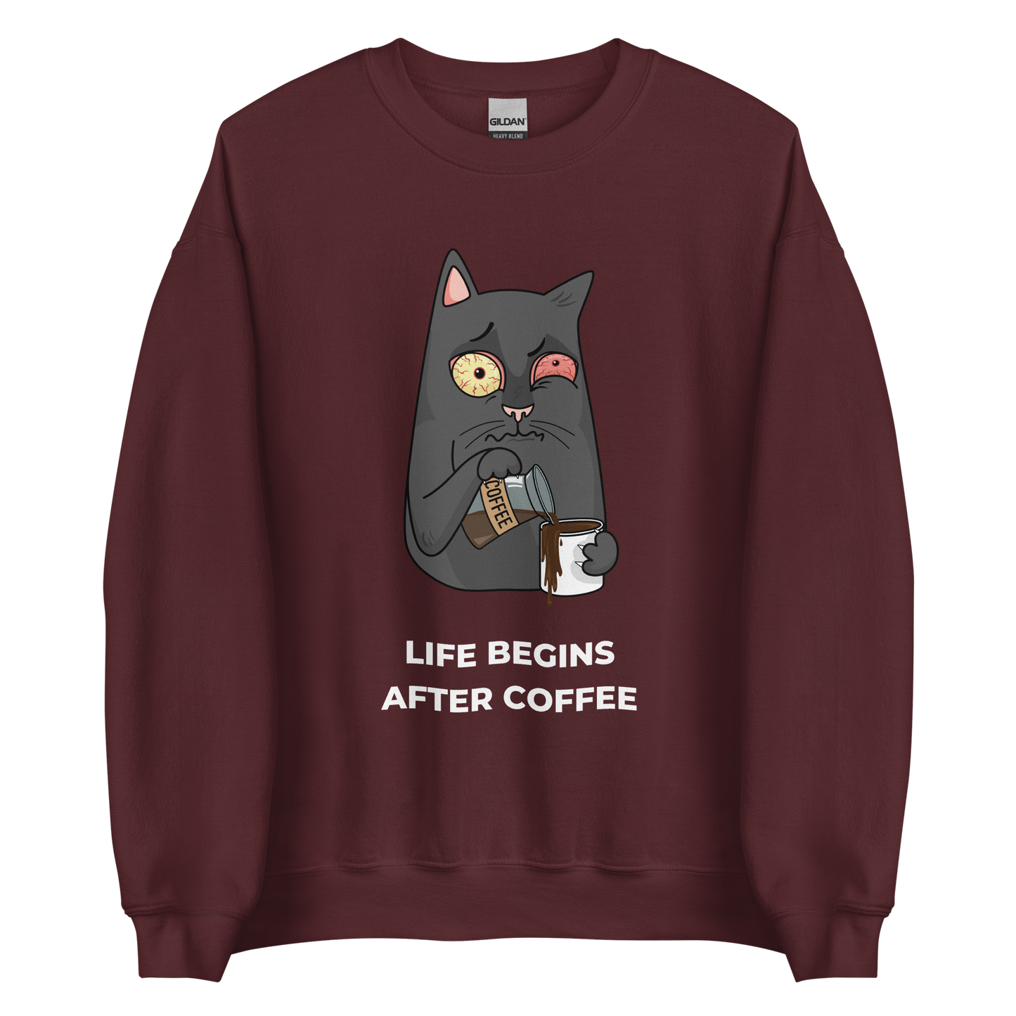 Maroon Cat Sweatshirt featuring a hilarious Life Begins After Coffee graphic on the chest - Funny Graphic Cat Sweatshirts - Boozy Fox