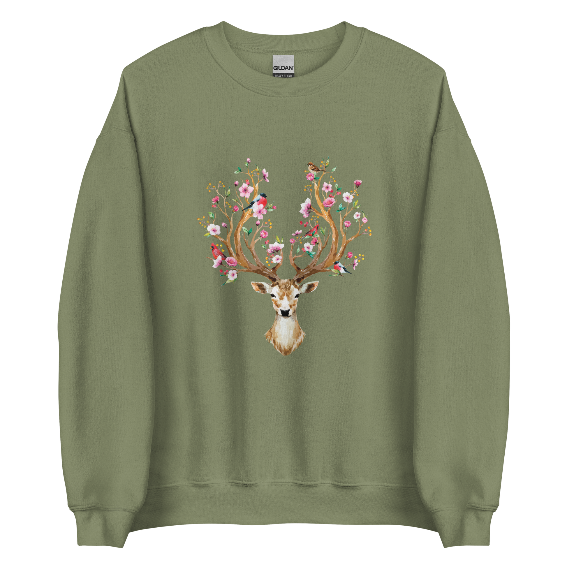 Military Green Floral Red Deer Sweatshirt featuring a delightful Floral Deer graphic on the chest - Cute Graphic Deer Sweatshirts - Boozy Fox