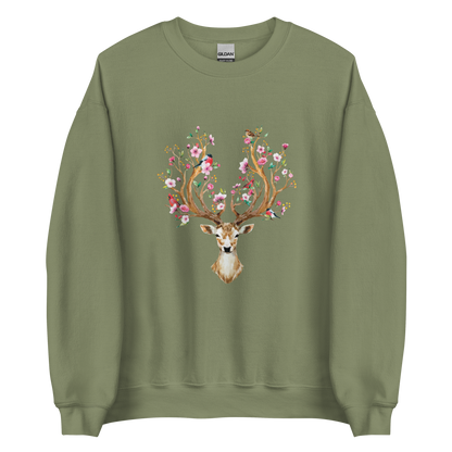 Military Green Floral Red Deer Sweatshirt featuring a delightful Floral Deer graphic on the chest - Cute Graphic Deer Sweatshirts - Boozy Fox