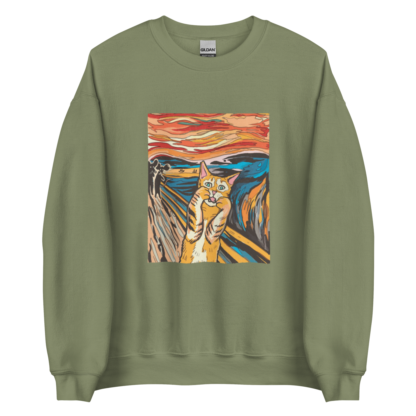 Military Green Screaming Cat Sweatshirt featuring an Edvard Munch's 'The Scream' graphic on the chest - Funny Graphic Cat Sweatshirts - Boozy Fox