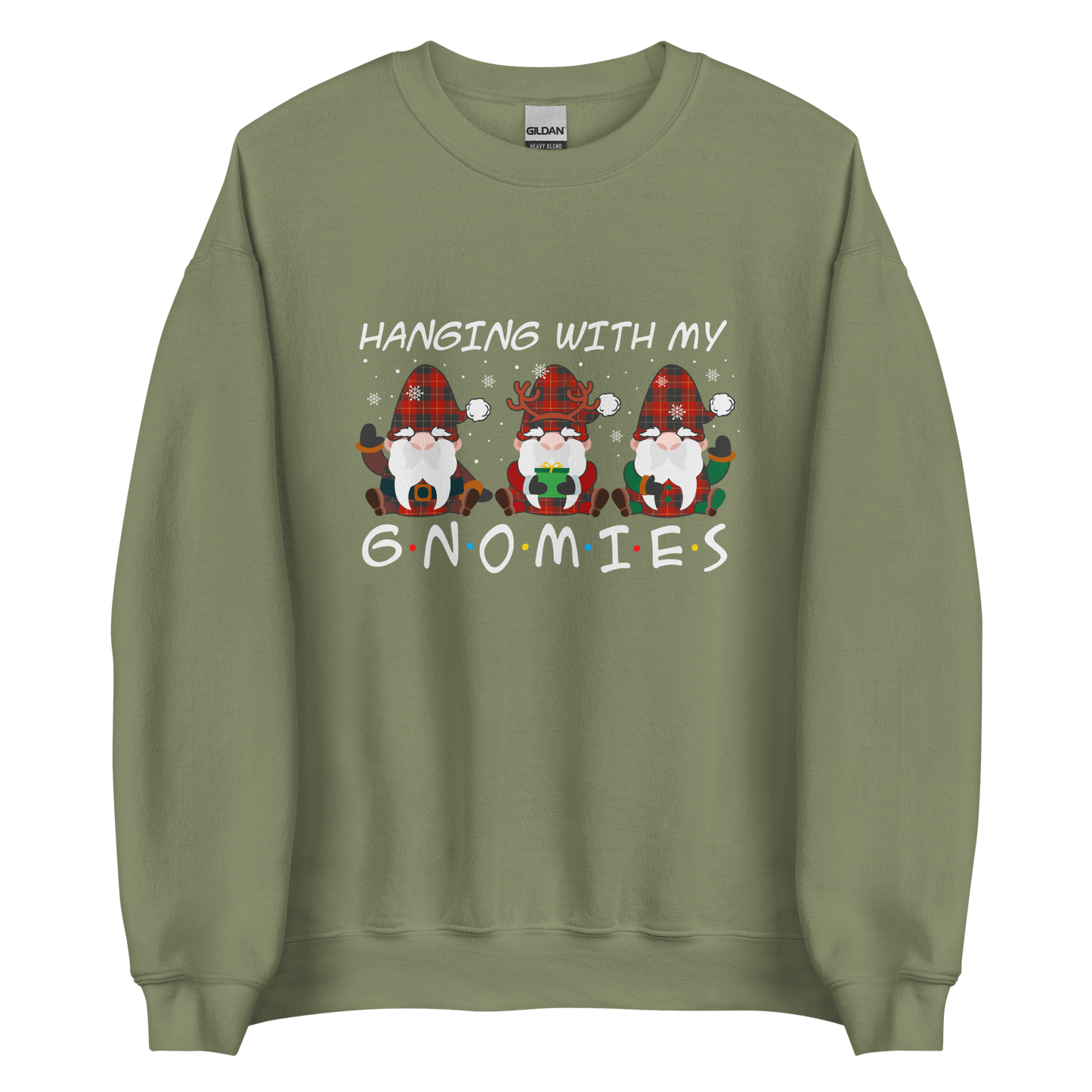 Military Green Christmas Gnome Sweatshirt featuring a delight Hanging With My Gnomies graphic on the chest - Funny Christmas Graphic Gnome Sweatshirts - Boozy Fox