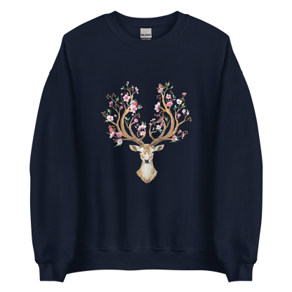 Navy Floral Red Deer Sweatshirt featuring a delightful Floral Deer graphic on the chest - Cute Graphic Deer Sweatshirts - Boozy Fox