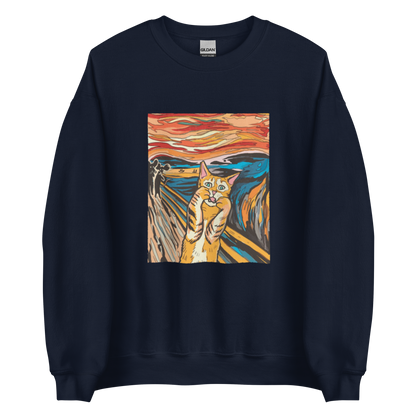 Navy Screaming Cat Sweatshirt featuring an Edvard Munch's 'The Scream' graphic on the chest - Funny Graphic Cat Sweatshirts - Boozy Fox