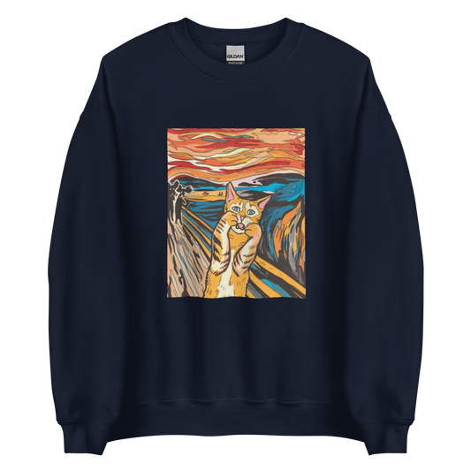 Navy Screaming Cat Sweatshirt featuring an Edvard Munch's 'The Scream' graphic on the chest - Funny Graphic Cat Sweatshirts - Boozy Fox