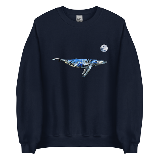 Navy Whale Sweatshirt featuring a captivating Whale Under The Moon graphic on the chest - Cool Graphic Whale Sweatshirts - Boozy Fox
