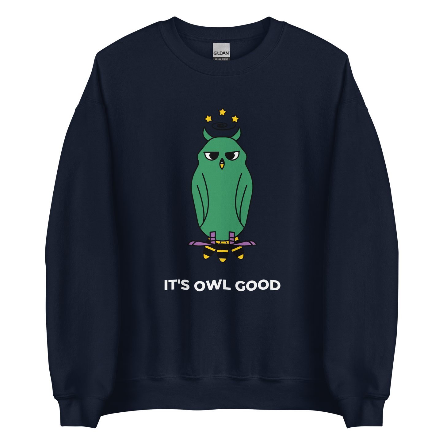 Navy Owl Sweatshirt featuring a captivating It's Owl Good graphic on the chest - Funny Graphic Owl Sweatshirts - Boozy Fox