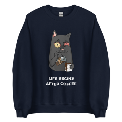 Navy Cat Sweatshirt featuring a hilarious Life Begins After Coffee graphic on the chest - Funny Graphic Cat Sweatshirts - Boozy Fox
