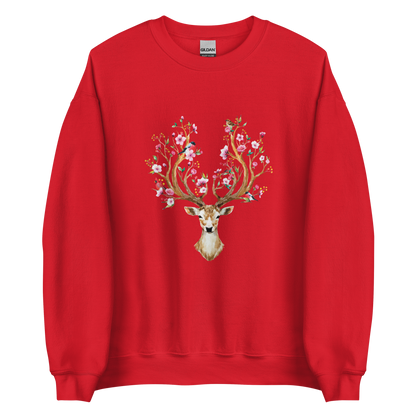 Red Floral Red Deer Sweatshirt featuring a delightful Floral Deer graphic on the chest - Cute Graphic Deer Sweatshirts - Boozy Fox