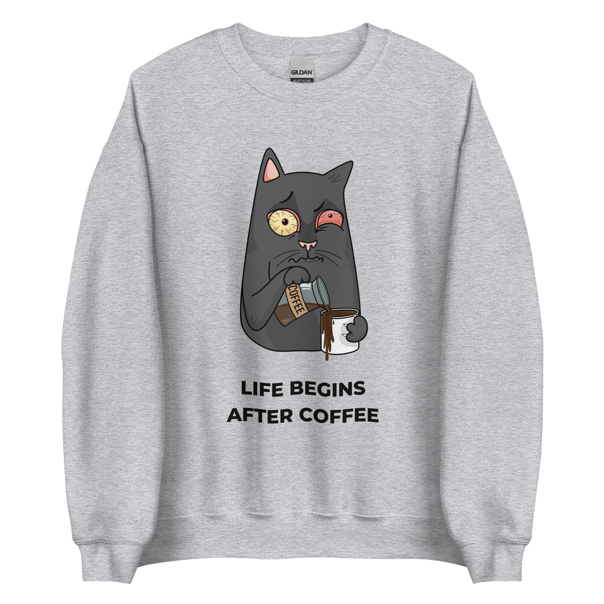 Sport Grey Cat Sweatshirt featuring a hilarious Life Begins After Coffee graphic on the chest - Funny Graphic Cat Sweatshirts - Boozy Fox