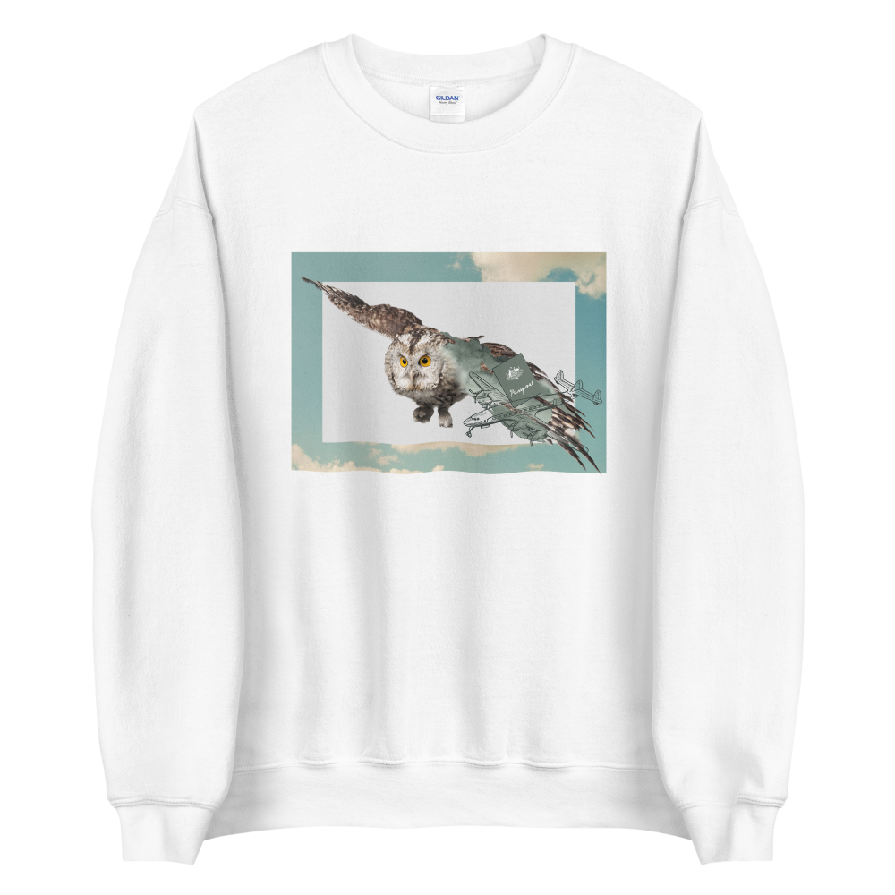 White Owl Sweatshirt featuring a bold Flying Owl graphic on the chest - Cool Owl Graphic Sweatshirts - Boozy Fox