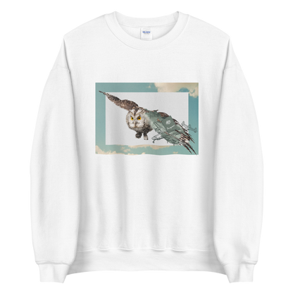 White Owl Sweatshirt featuring a bold Flying Owl graphic on the chest - Cool Owl Graphic Sweatshirts - Boozy Fox
