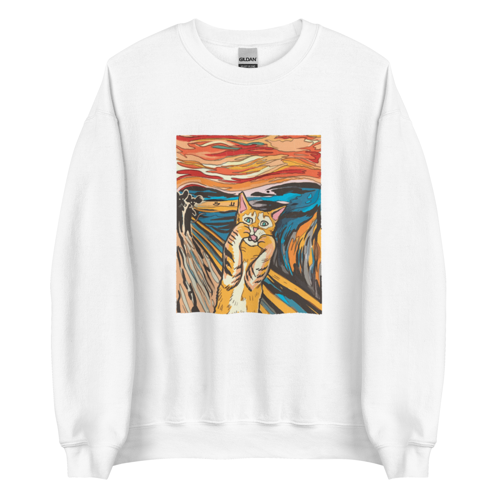 White Screaming Cat Sweatshirt featuring an Edvard Munch's 'The Scream' graphic on the chest - Funny Graphic Cat Sweatshirts - Boozy Fox