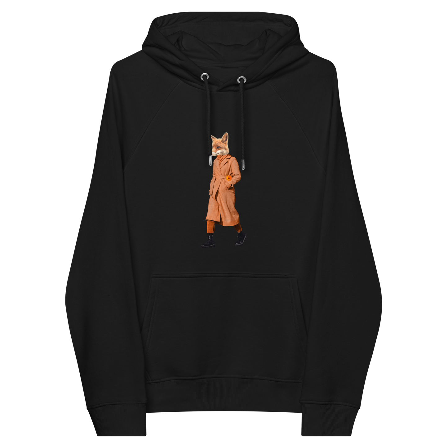 Black Anthropomorphic Fox Raglan Hoodie featuring a sly Anthropomorphic Fox in a Trench Coat graphic on the chest - Funny Graphic Fox Hoodies - Boozy Fox