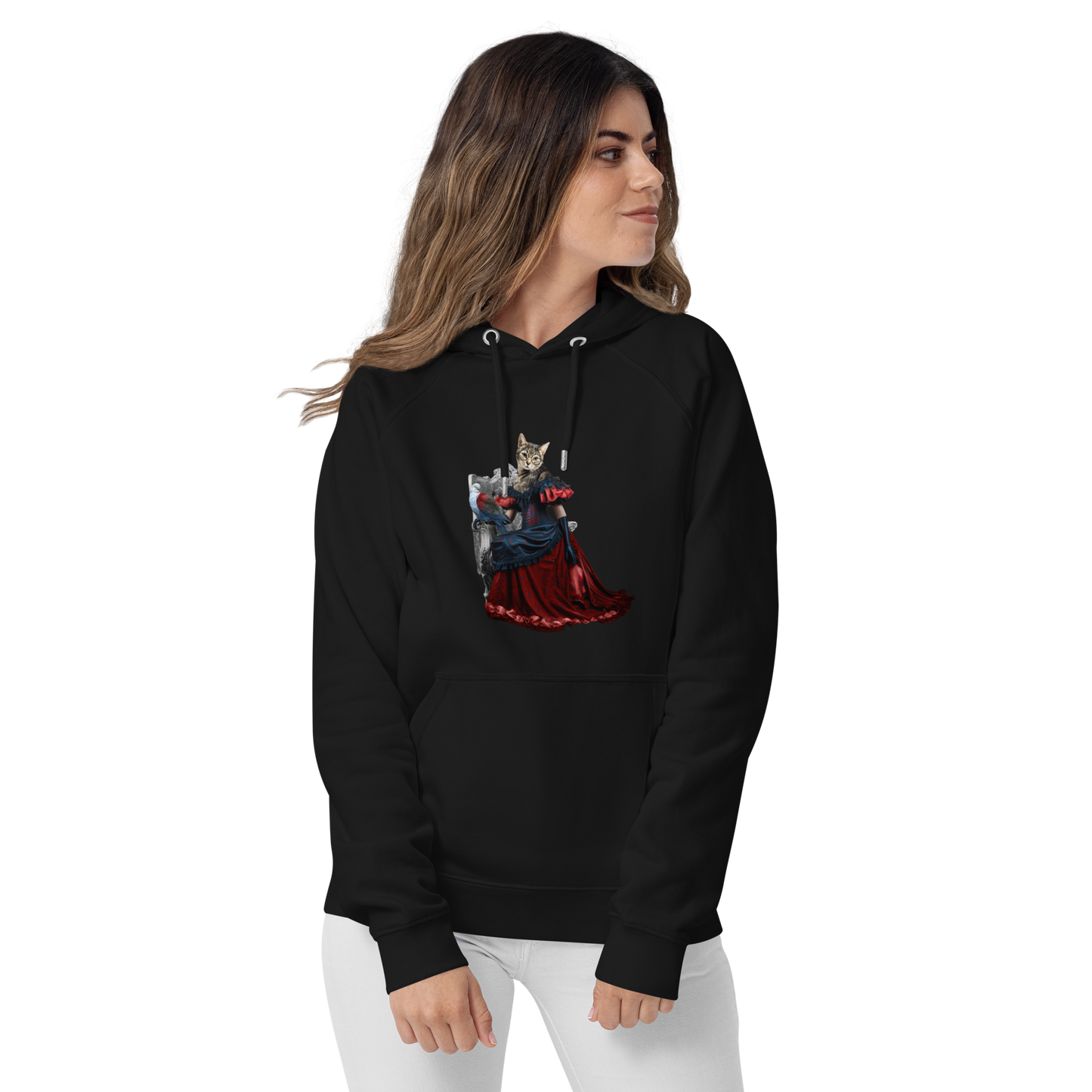 Woman Wearing a Black Anthropomorphic Cat Raglan Hoodie featuring an adorable Anthropomorphic Cat graphic on the chest - Cute Graphic Cat Hoodies - Boozy Fox