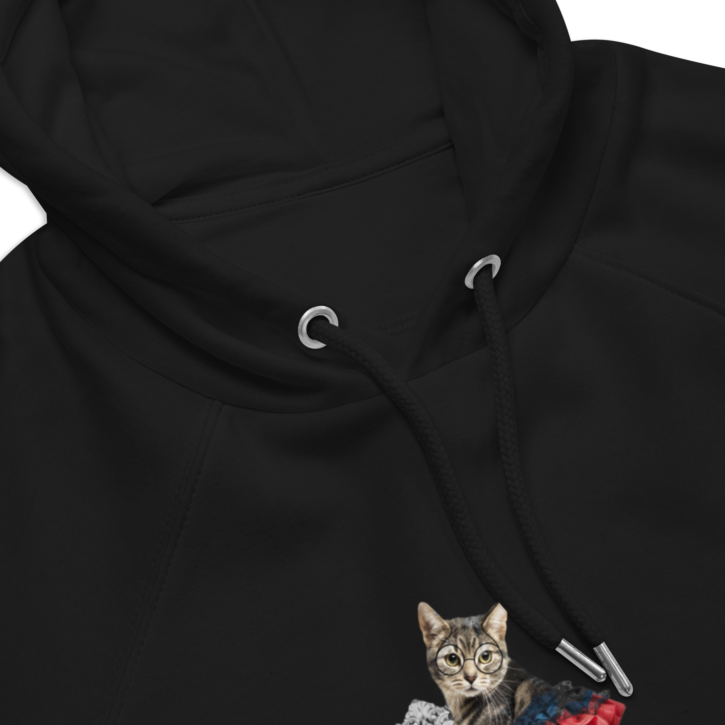 Front Details of a Black Anthropomorphic Cat Raglan Hoodie featuring an adorable Anthropomorphic Cat graphic on the chest - Cute Graphic Cat Hoodies - Boozy Fox