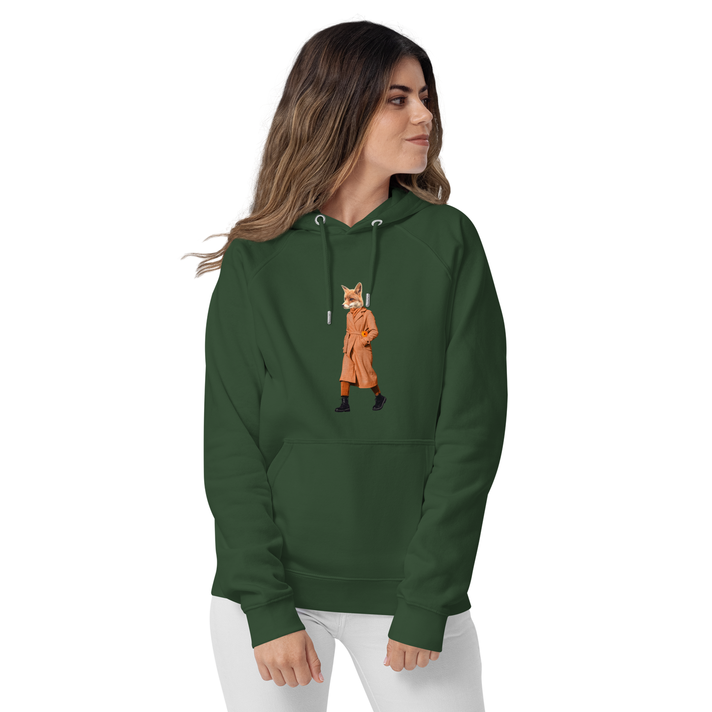 Woman Wearing a Bottle Green Anthropomorphic Fox Raglan Hoodie featuring a sly Anthropomorphic Fox in a Trench Coat graphic on the chest - Funny Graphic Fox Hoodies - Boozy Fox