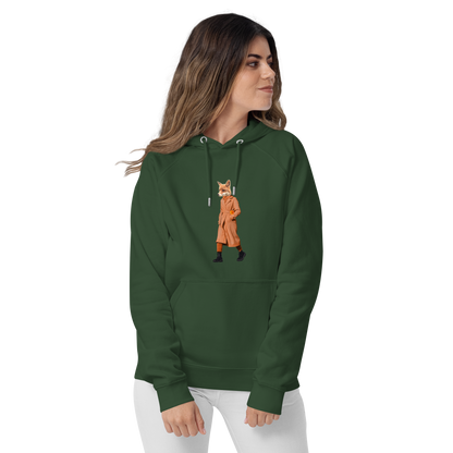 Woman Wearing a Bottle Green Anthropomorphic Fox Raglan Hoodie featuring a sly Anthropomorphic Fox in a Trench Coat graphic on the chest - Funny Graphic Fox Hoodies - Boozy Fox