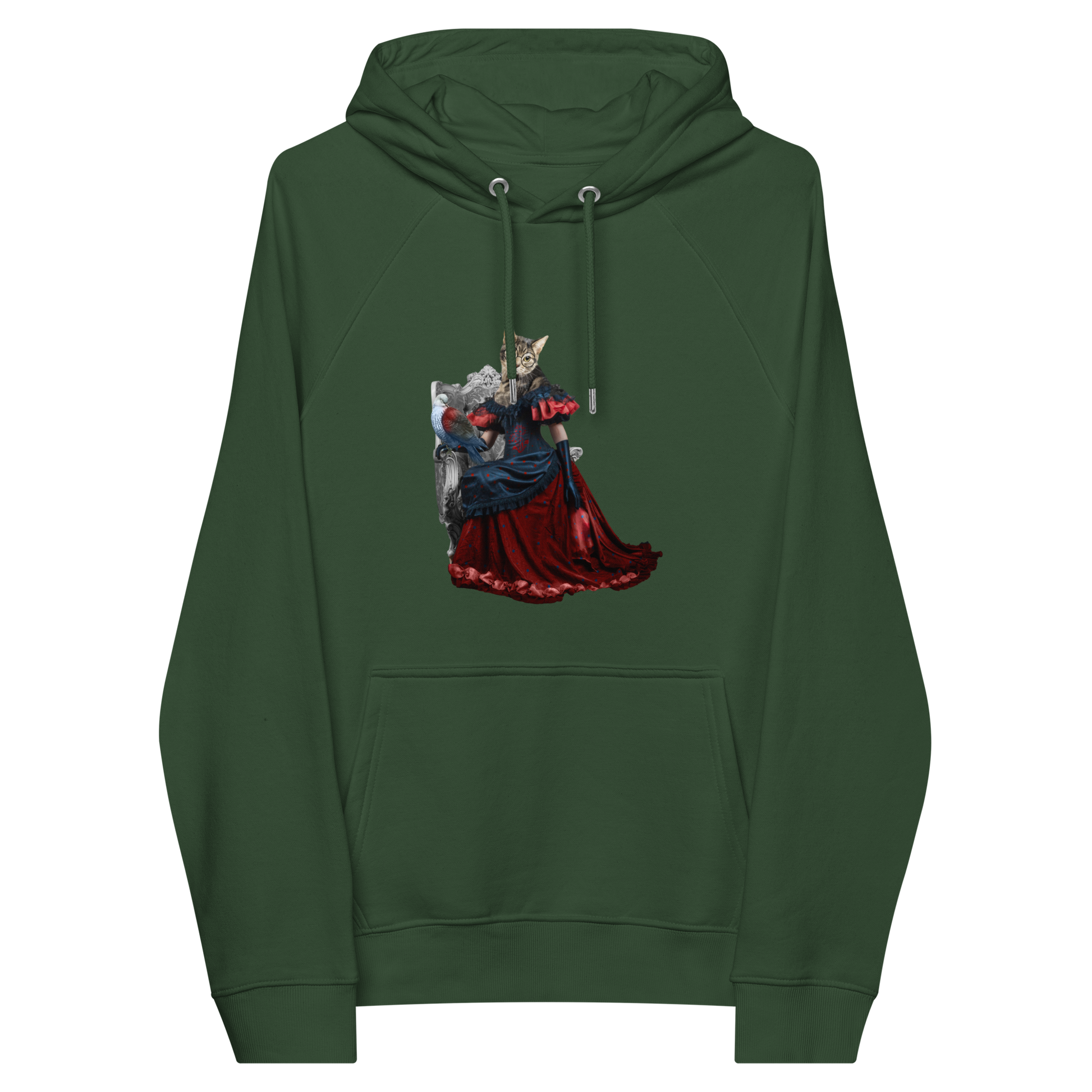 Bottle Green Anthropomorphic Cat Raglan Hoodie featuring an adorable Anthropomorphic Cat graphic on the chest - Cute Graphic Cat Hoodies - Boozy Fox
