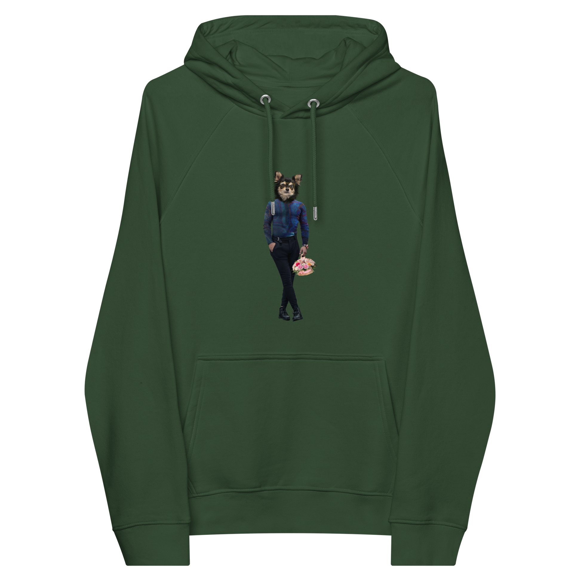 Bottle Green Anthropomorphic Dog Raglan Hoodie featuring an adorable Anthropomorphic Dog graphic on the chest - Funny Graphic Dog Hoodies - Boozy Fox