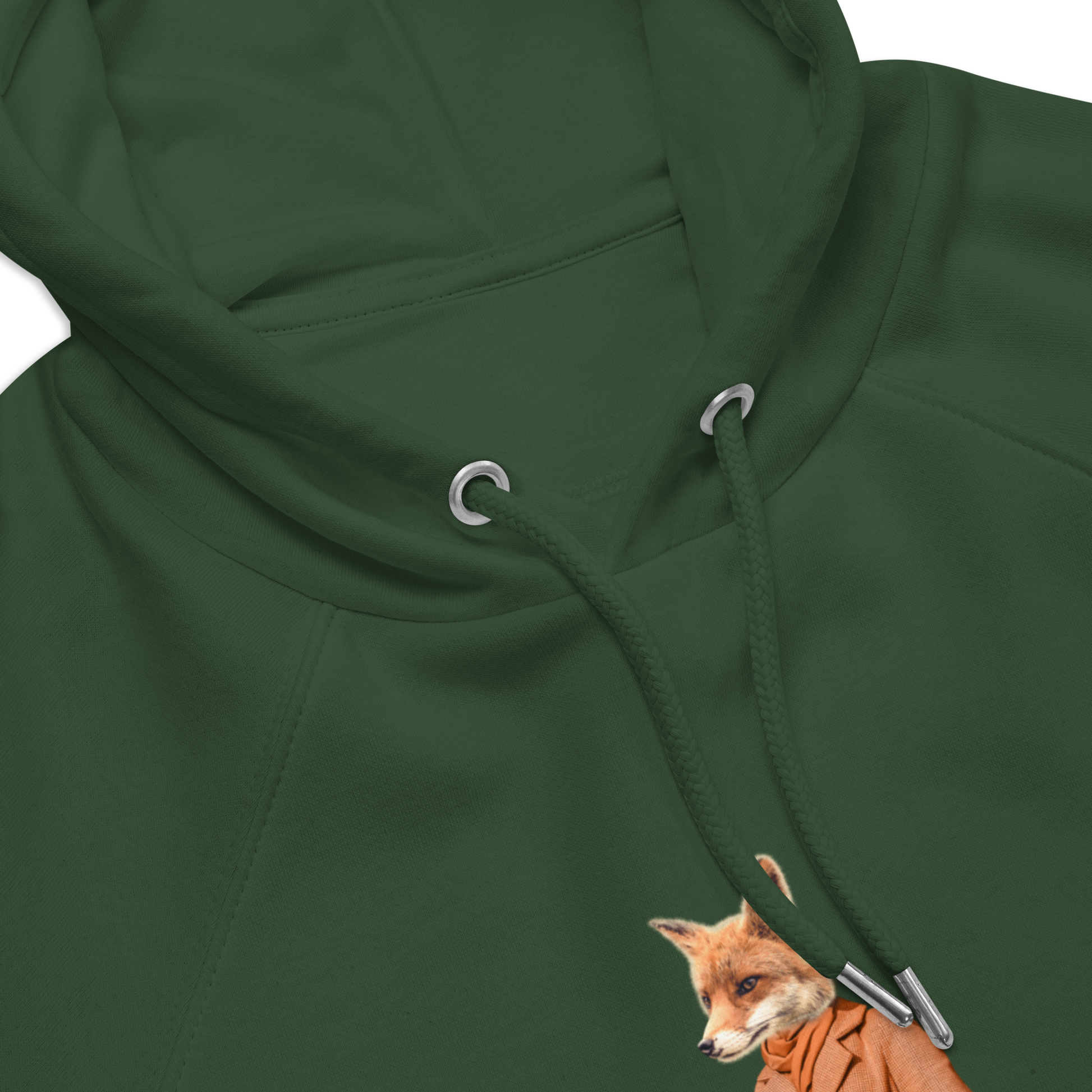 Front Details of a Bottle Green Anthropomorphic Fox Raglan Hoodie featuring a sly Anthropomorphic Fox in a Trench Coat graphic on the chest - Funny Graphic Fox Hoodies - Boozy Fox