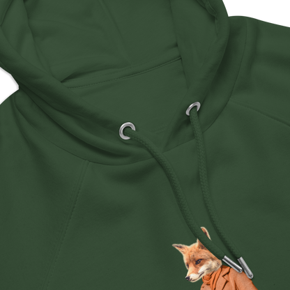 Front Details of a Bottle Green Anthropomorphic Fox Raglan Hoodie featuring a sly Anthropomorphic Fox in a Trench Coat graphic on the chest - Funny Graphic Fox Hoodies - Boozy Fox