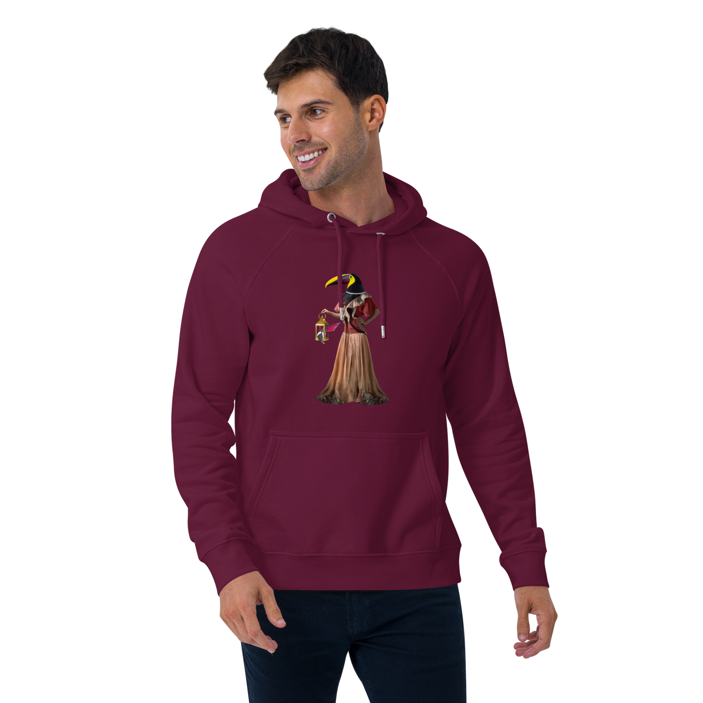 Smiling man wearing a Burgundy Anthropomorphic Toucan Raglan Hoodie featuring a amusing Anthropomorphic Toucan graphic on the chest - Funny Graphic Toucan Hoodies - Boozy Fox