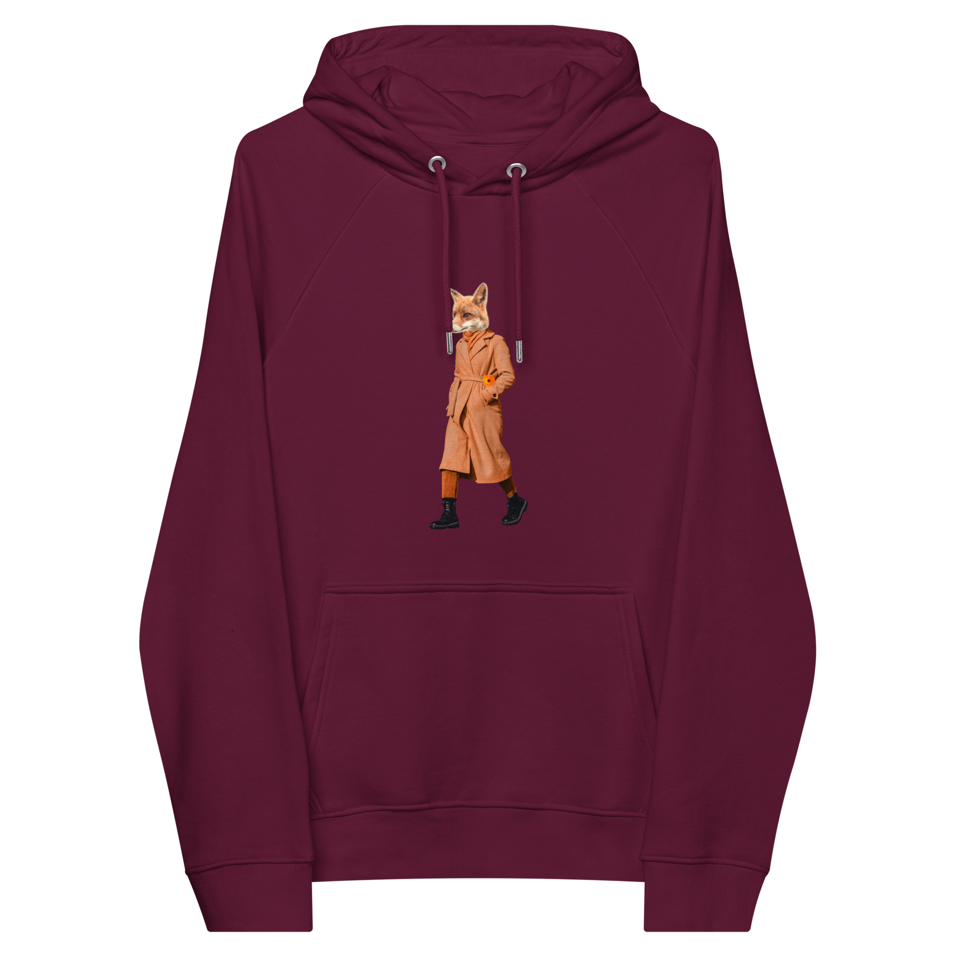 Burgundy Anthropomorphic Fox Raglan Hoodie featuring a sly Anthropomorphic Fox in a Trench Coat graphic on the chest - Funny Graphic Fox Hoodies - Boozy Fox