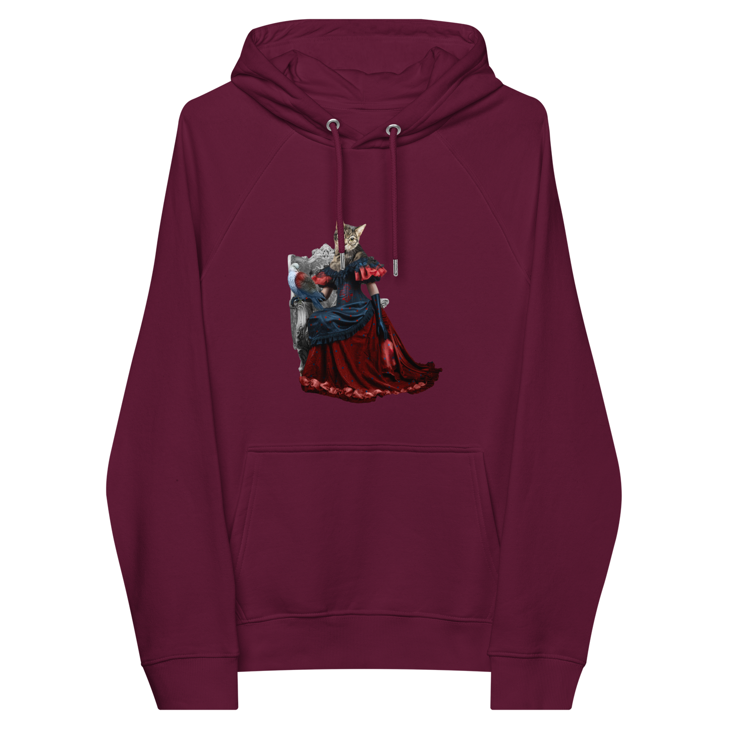 Burgundy Anthropomorphic Cat Raglan Hoodie featuring an adorable Anthropomorphic Cat graphic on the chest - Cute Graphic Cat Hoodies - Boozy Fox