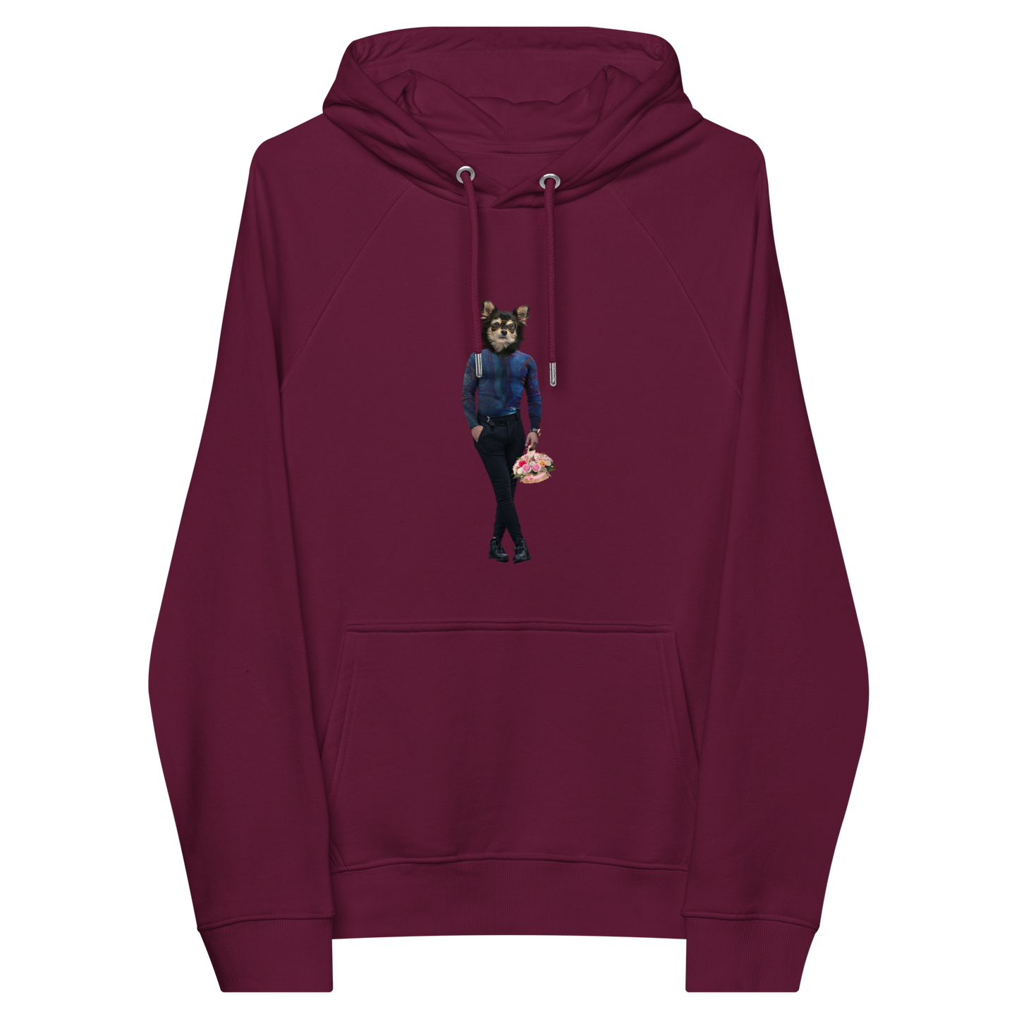 Burgundy Anthropomorphic Dog Raglan Hoodie featuring an adorable Anthropomorphic Dog graphic on the chest - Funny Graphic Dog Hoodies - Boozy Fox