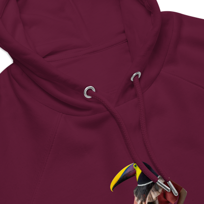 Product Details of a Burgundy Anthropomorphic Toucan Raglan Hoodie featuring a amusing Anthropomorphic Toucan graphic on the chest - Funny Graphic Toucan Hoodies - Boozy Fox