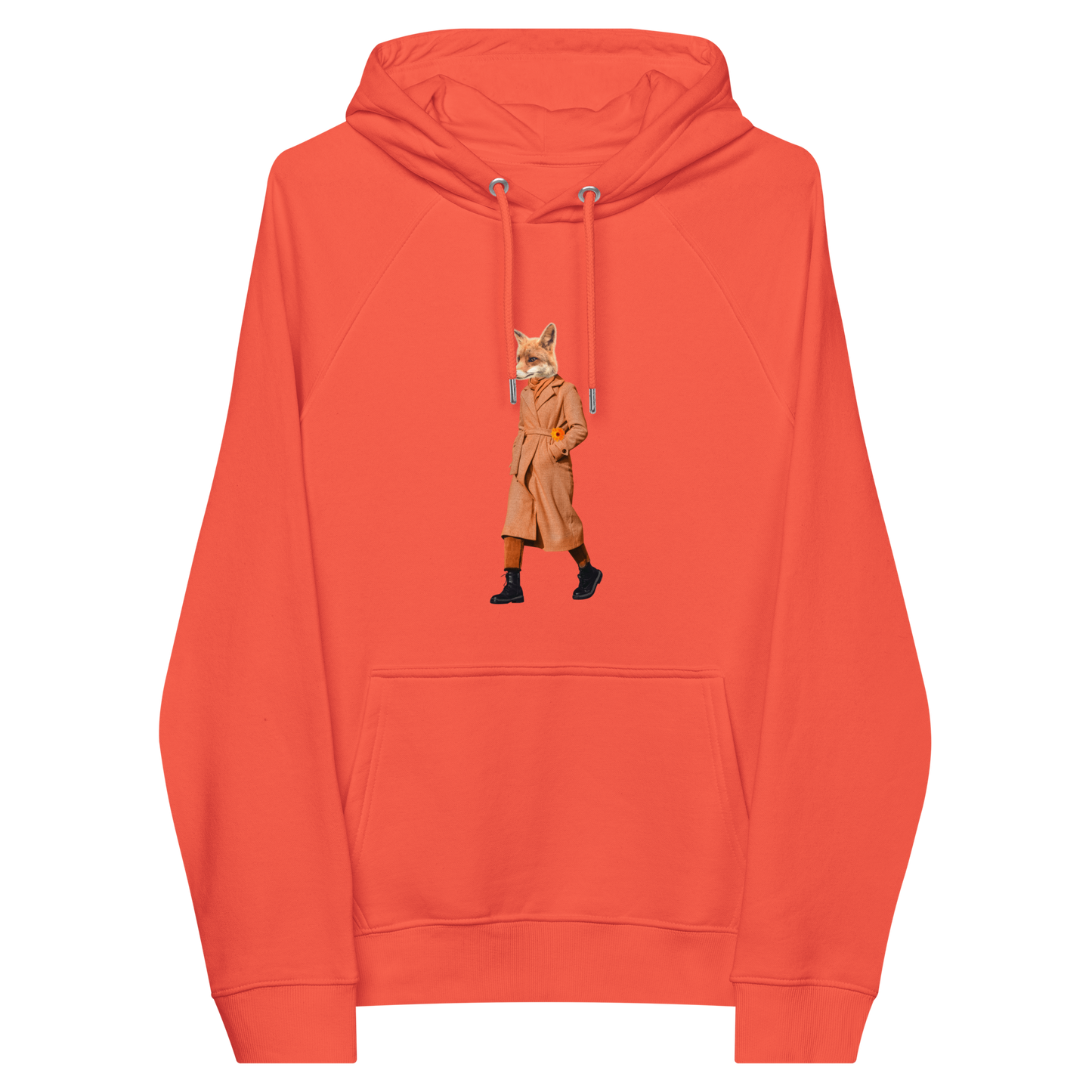 Burnt Orange Anthropomorphic Fox Raglan Hoodie featuring a sly Anthropomorphic Fox in a Trench Coat graphic on the chest - Funny Graphic Fox Hoodies - Boozy Fox