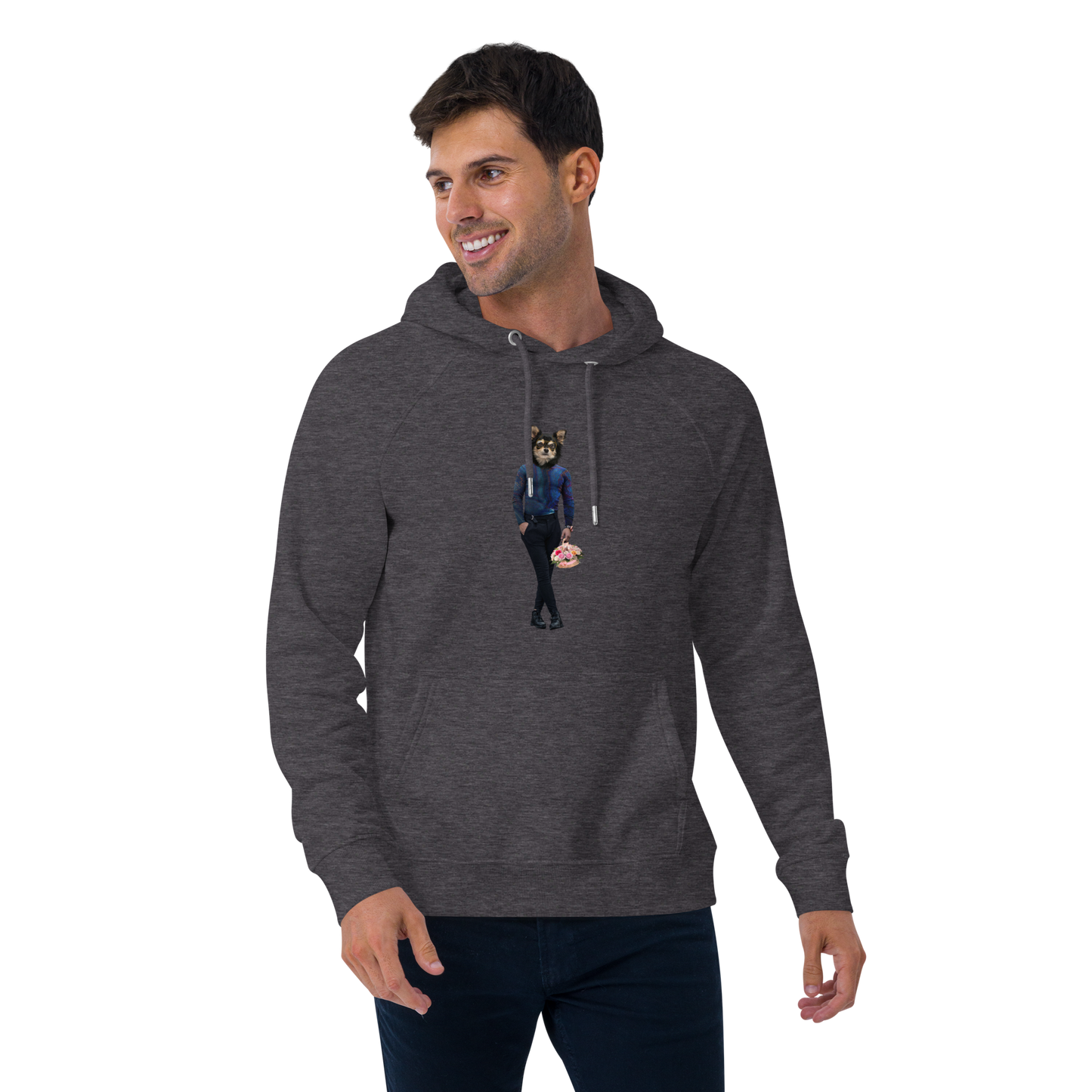 Man wearing a Charcoal Melange Anthropomorphic Dog Raglan Hoodie featuring an adorable Anthropomorphic Dog graphic on the chest - Funny Graphic Dog Hoodies - Boozy Fox
