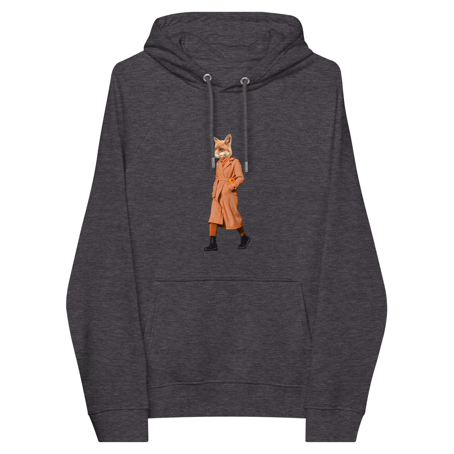 Charcoal Melange Anthropomorphic Fox Raglan Hoodie featuring a sly Anthropomorphic Fox in a Trench Coat graphic on the chest - Funny Graphic Fox Hoodies - Boozy Fox