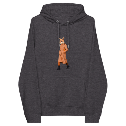 Charcoal Melange Anthropomorphic Fox Raglan Hoodie featuring a sly Anthropomorphic Fox in a Trench Coat graphic on the chest - Funny Graphic Fox Hoodies - Boozy Fox