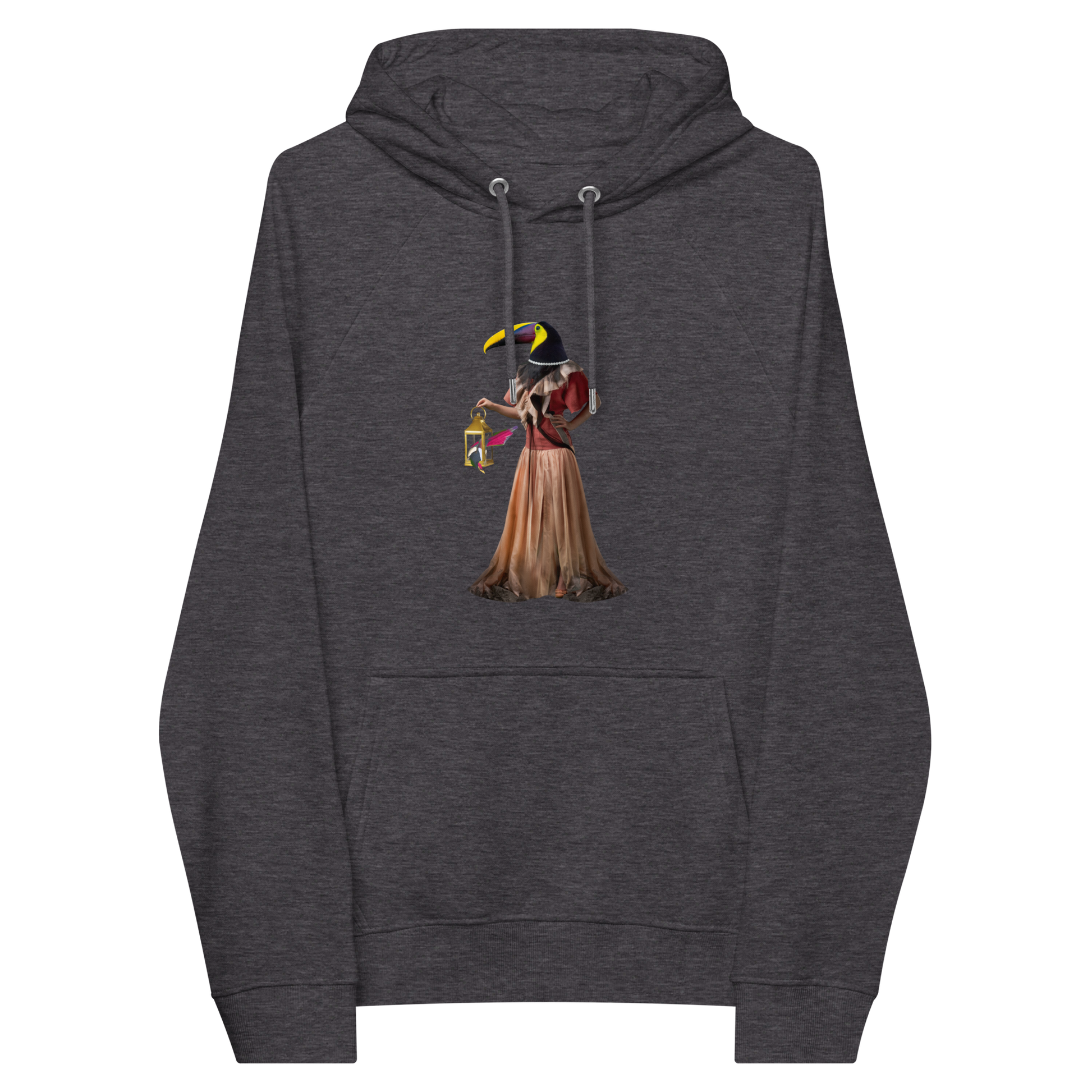 Charcoal Melange Anthropomorphic Toucan Raglan Hoodie featuring a amusing Anthropomorphic Toucan graphic on the chest - Funny Graphic Toucan Hoodies - Boozy Fox