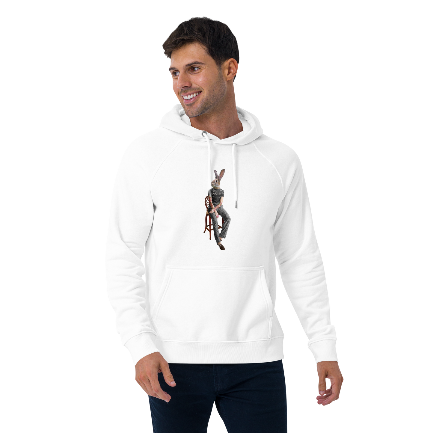 Man Wearing a White Anthropomorphic Rabbit Raglan Hoodie featuring an irresistibly cute Anthropomorphic Rabbit graphic on the chest - Cute Graphic Rabbit Hoodies - Boozy Fox