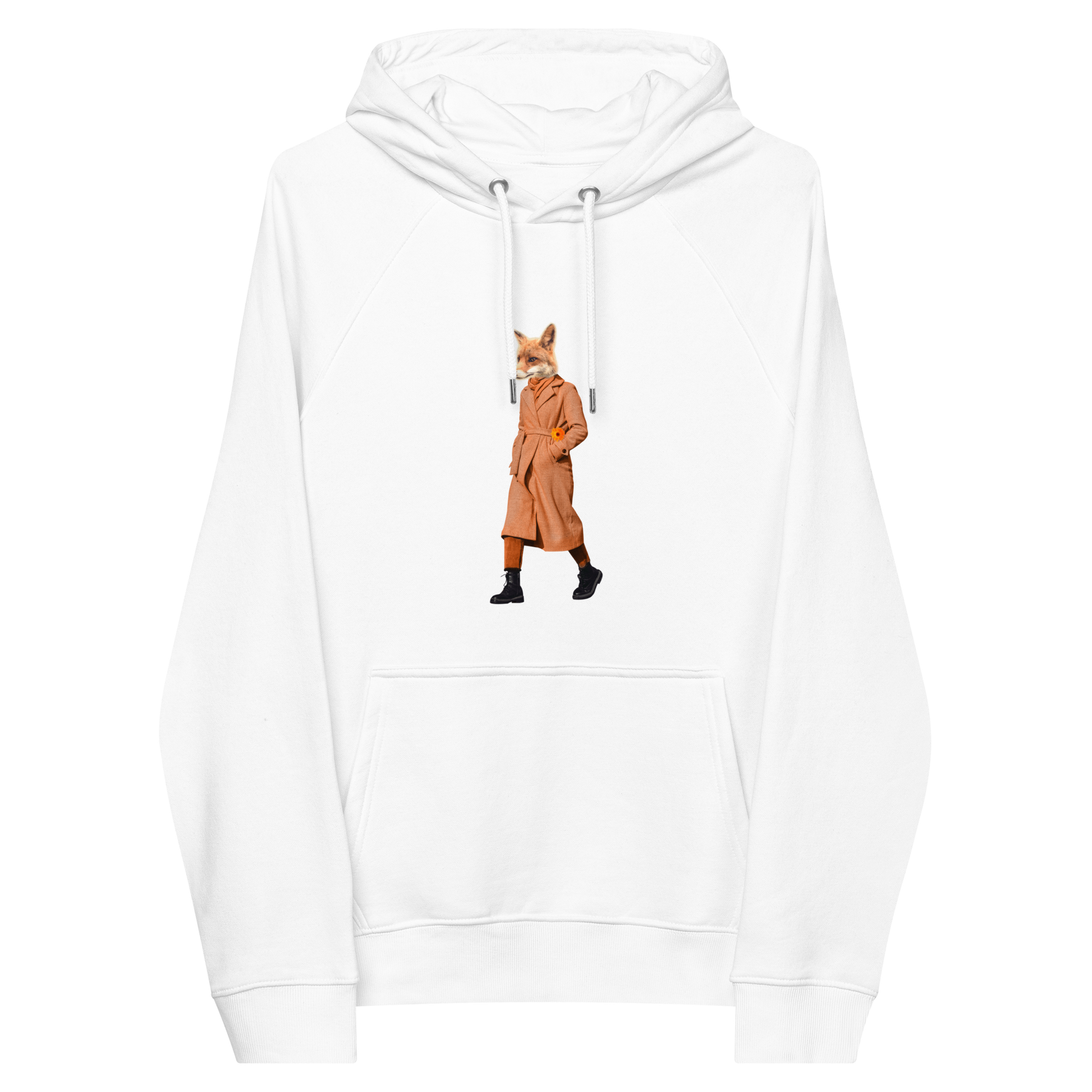 White Anthropomorphic Fox Raglan Hoodie featuring a sly Anthropomorphic Fox in a Trench Coat graphic on the chest - Funny Graphic Fox Hoodies - Boozy Fox
