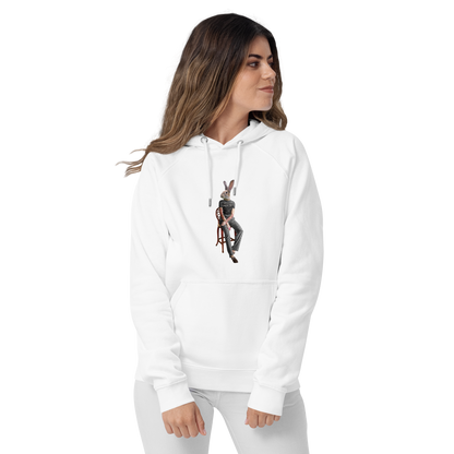 Woman Wearing a White Anthropomorphic Rabbit Raglan Hoodie featuring an irresistibly cute Anthropomorphic Rabbit graphic on the chest - Cute Graphic Rabbit Hoodies - Boozy Fox