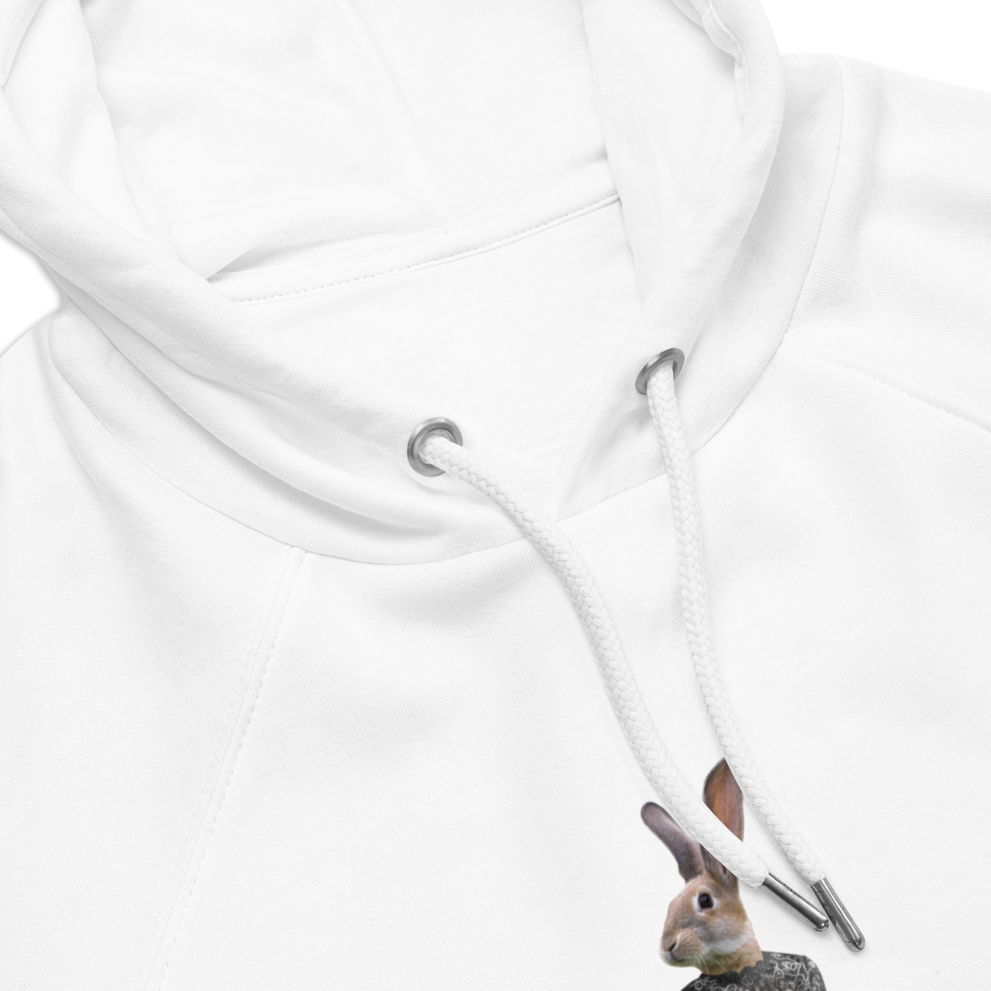 Product Details of a White Anthropomorphic Rabbit Raglan Hoodie featuring an irresistibly cute Anthropomorphic Rabbit graphic on the chest - Cute Graphic Rabbit Hoodies - Boozy Fox