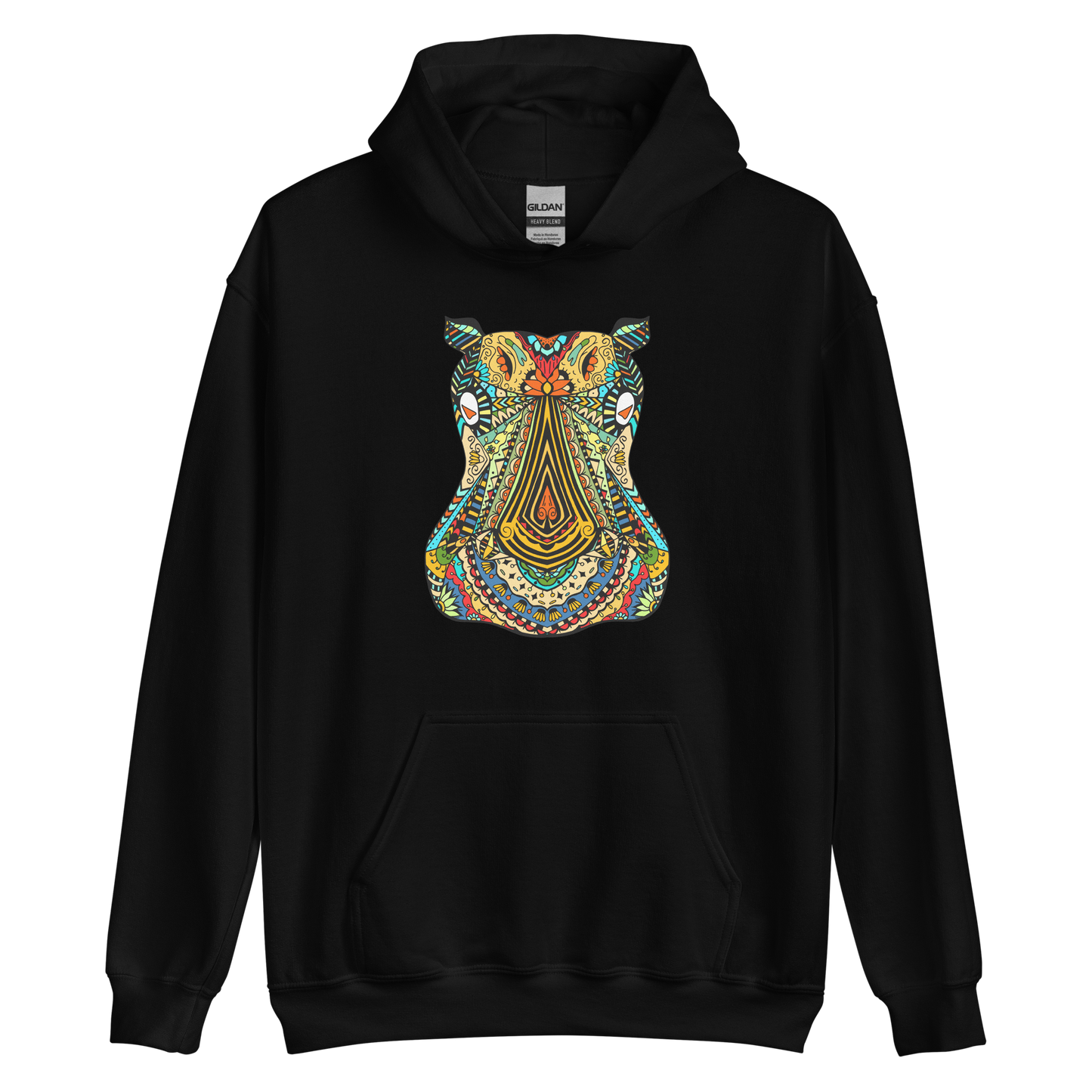 Black Hippo Hoodie featuring a captivating Zentangle Hippo graphic on the chest - Cool Graphic Hippo Hoodies - Boozy Fox