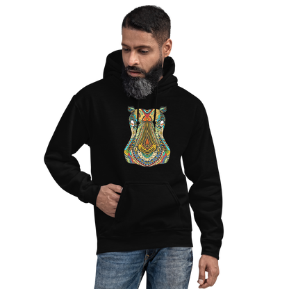 Man wearing a black Hippo Hoodie featuring a captivating Zentangle Hippo graphic on the chest - Cool Graphic Hippo Hoodies - Boozy Fox