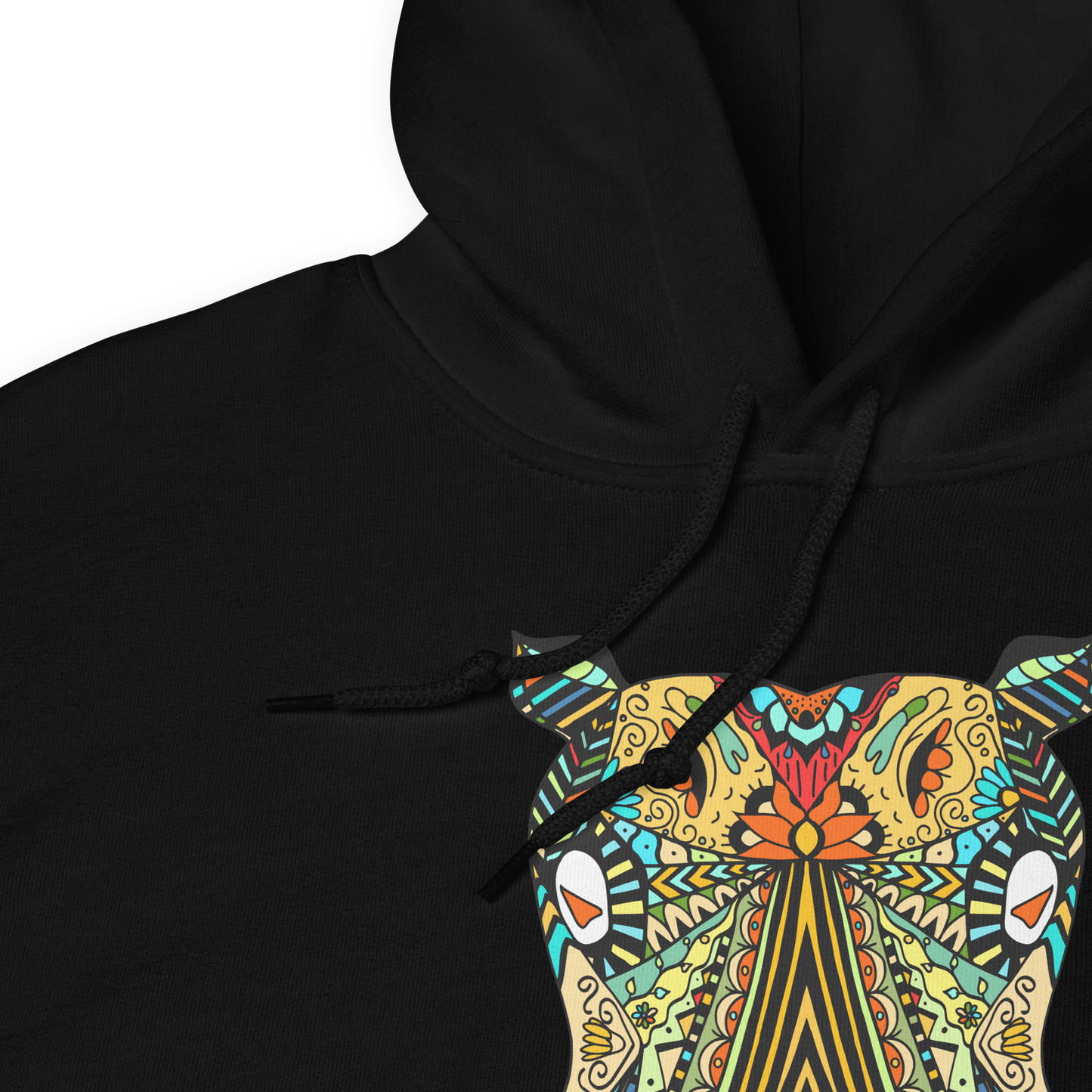 Front details of a black Hippo Hoodie featuring a captivating Zentangle Hippo graphic on the chest - Cool Graphic Hippo Hoodies - Boozy Fox