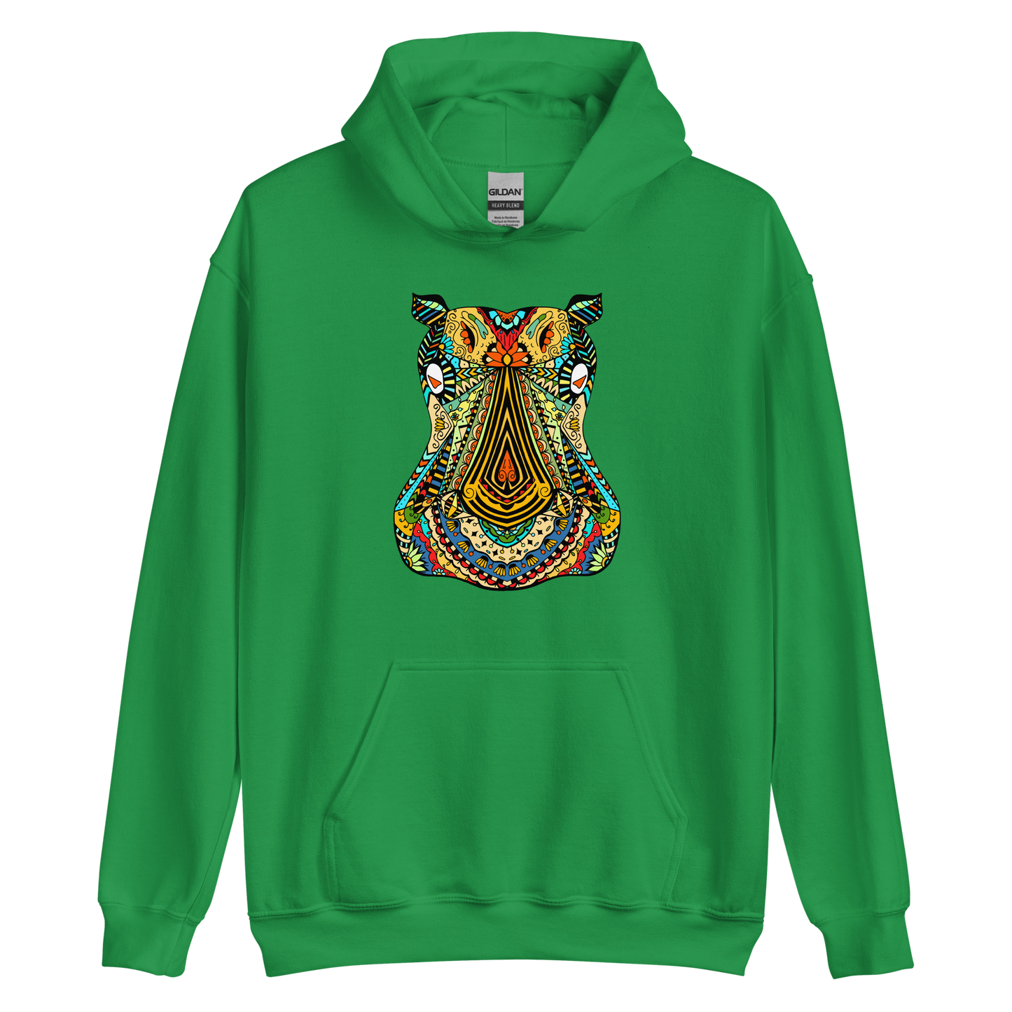 Irish Green Hippo Hoodie featuring a captivating Zentangle Hippo graphic on the chest - Cool Graphic Hippo Hoodies - Boozy Fox