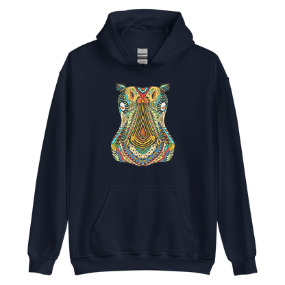 Navy Hippo Hoodie featuring a captivating Zentangle Hippo graphic on the chest - Cool Graphic Hippo Hoodies - Boozy Fox