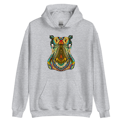 Sport Grey Hippo Hoodie featuring a captivating Zentangle Hippo graphic on the chest - Cool Graphic Hippo Hoodies - Boozy Fox