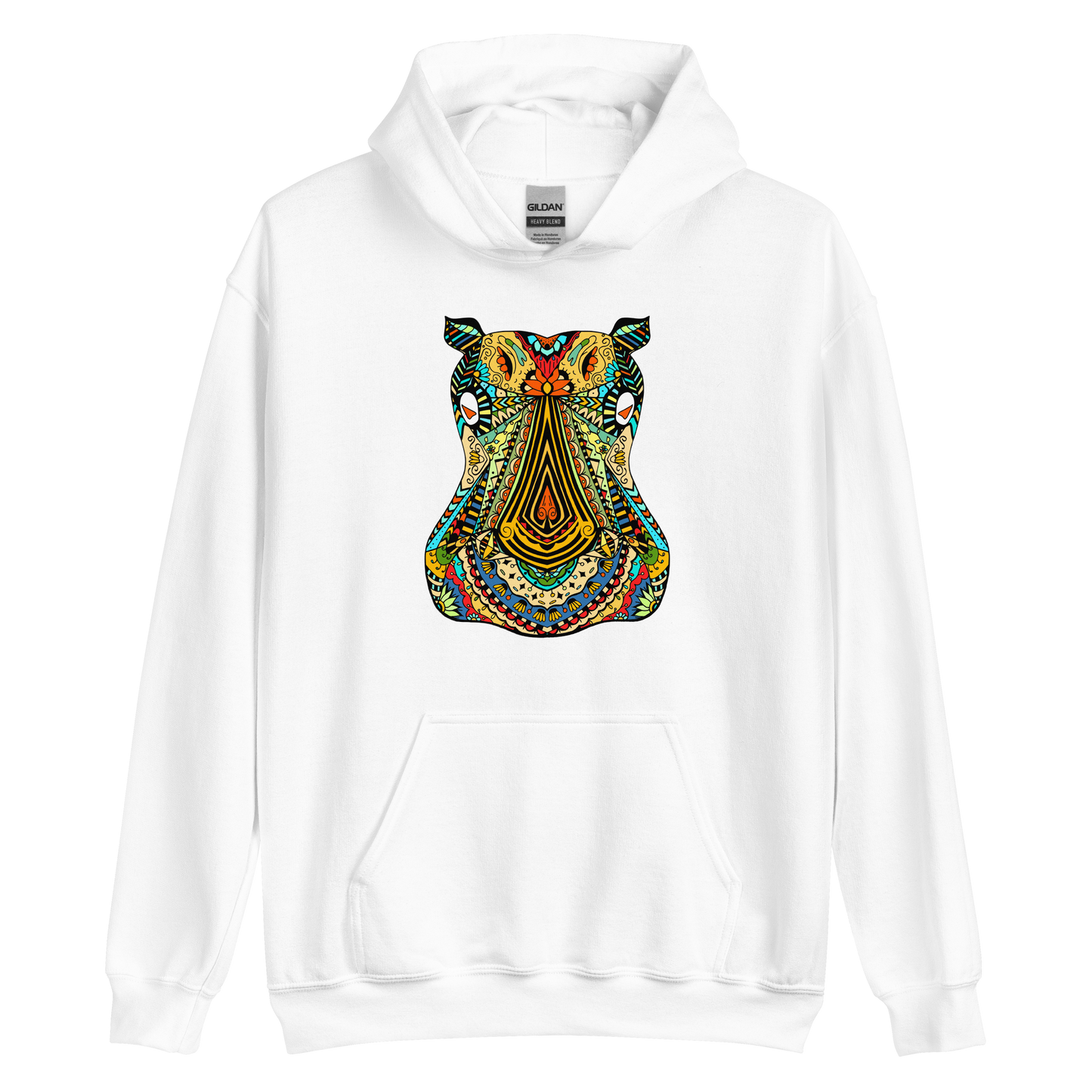 White Hippo Hoodie featuring a captivating Zentangle Hippo graphic on the chest - Cool Graphic Hippo Hoodies - Boozy Fox